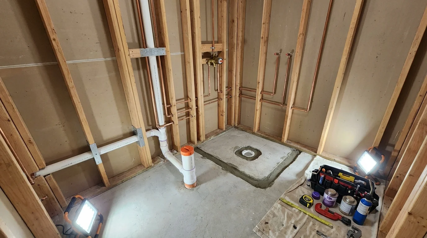 Bathroom rough-in plumbing during remodel by Johns Plumbing LLC in Arecibo