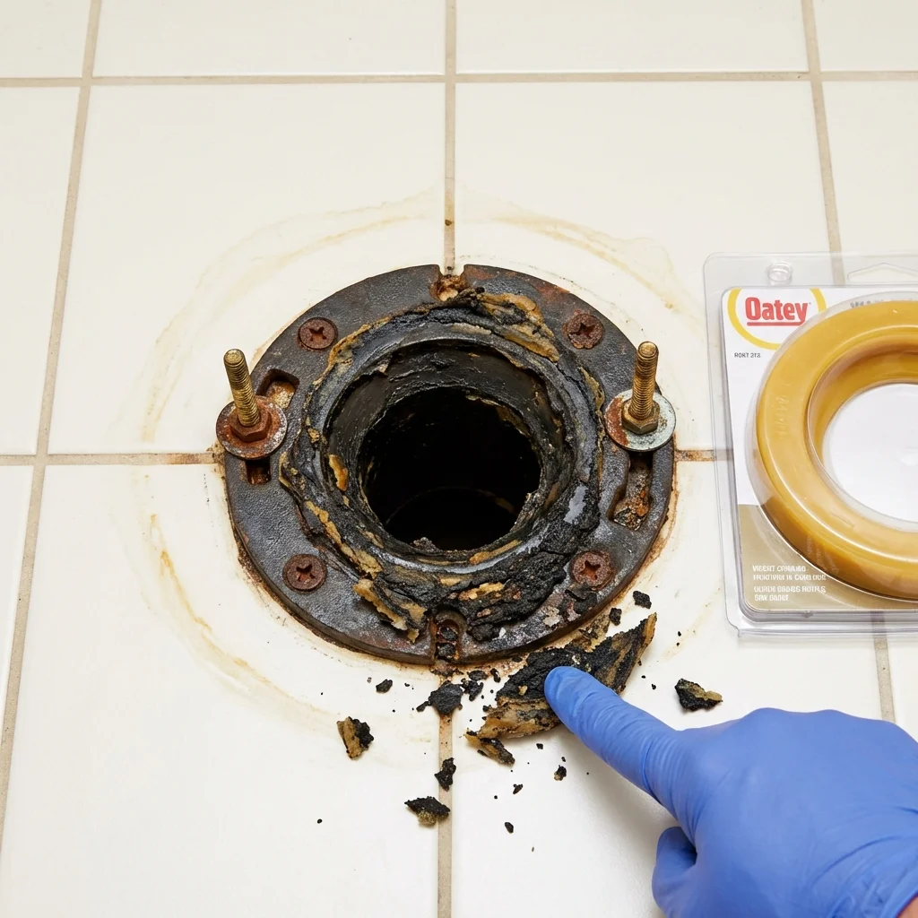 Failed wax ring showing water seepage at the base of a toilet in a Arecibo, PR home