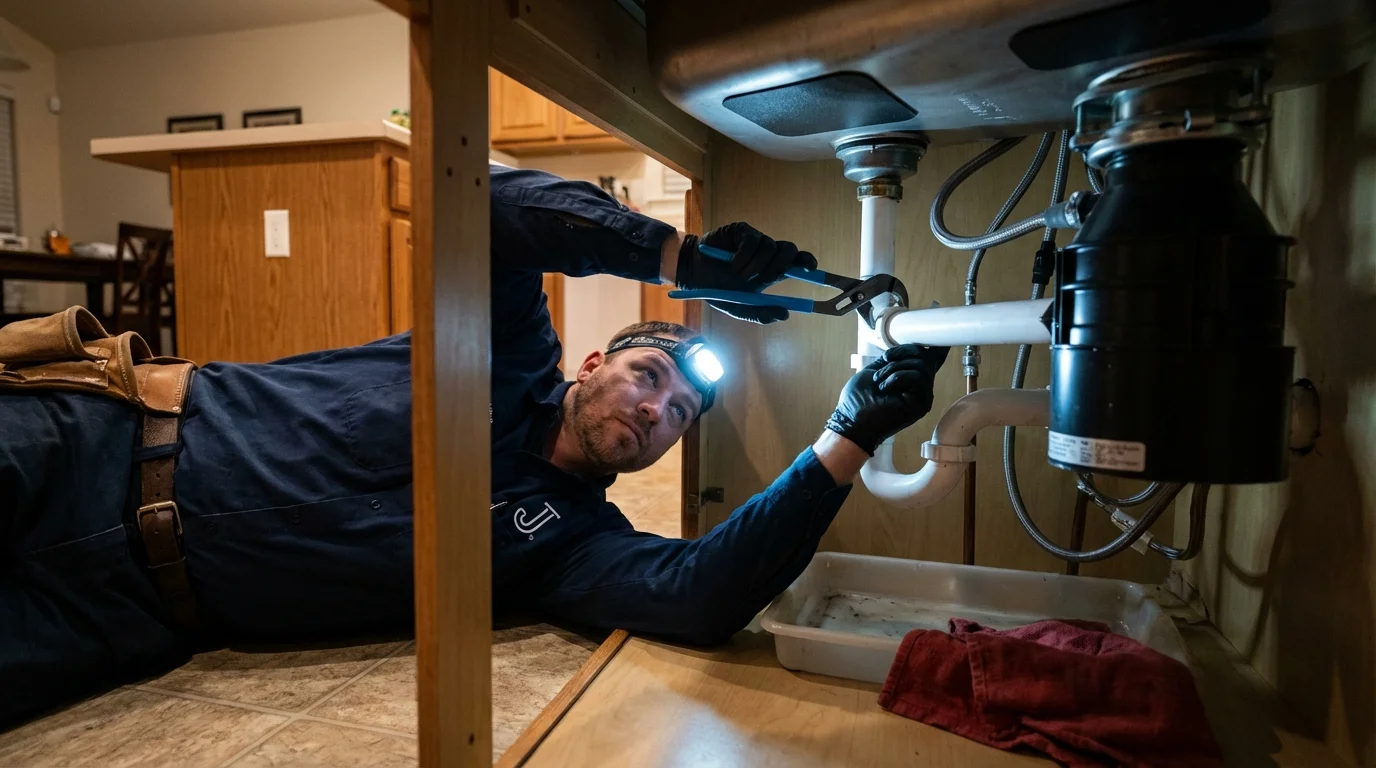 P-trap and supply line connections under a kitchen sink showing a common leak point in Arecibo, PR